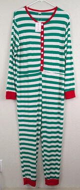 New Swomog sz XL One Piece Pajama Jumpsuit green white red stripes stretchy 2642